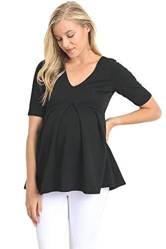 HELLO MIZ Women's Maternity Peplum Blouse Top with Empire Waist Pleat(Black Solid, XL)