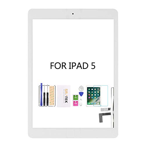 SRJTEK Screen Replacement for iPad 5 air 1st Gen A1474 A1475 A1476 Screen Replacement Touch Digitizer Glass Sensor Assembly - Home Button Camera Holder Pre Installed Adhesive Stickers (White)