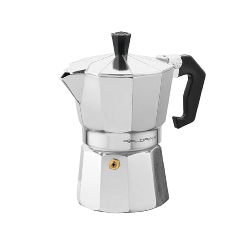 FLORINA Caffettiera 3 Tazze (135 ml) I Moka in Alluminio per Piano Cottura GRANDE I Caffettiera per la Preparazione di Espresso Italiano I Adatta per Piano Cottura in Ceramica, Elettrico e a Gas