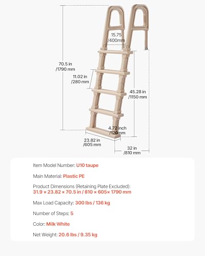 Image of VEVOR Swimming Pool Ladder, Inclined 5-Step Double Handrails Stair, Non-Slip Wide Step, 300 lbs Load Capacity, for 48-54 in Inground & Above-Ground Pools, Any Deck Surface, Indoor & Outdoor, Taupe