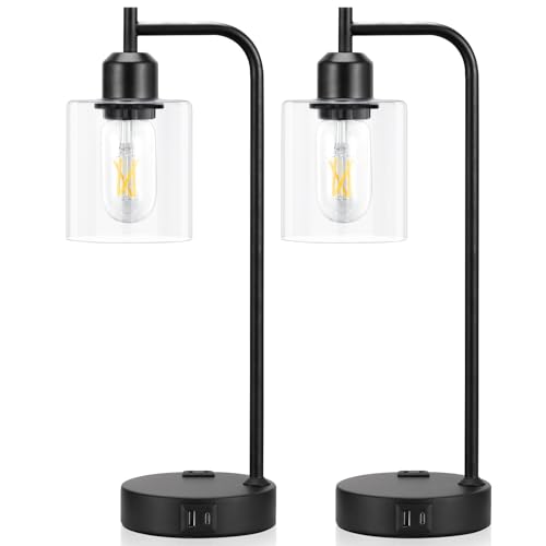 Innqoo 3-1 Industrial Touch Table Lamps For Bedrooms Set Of 2 - 3-Way Dimmable Nightstand Lamps With Usb C+A Ports And Outlet, Black Bedside Lamps With Glass Shade For Living Room, Desk Lamps thumb #7