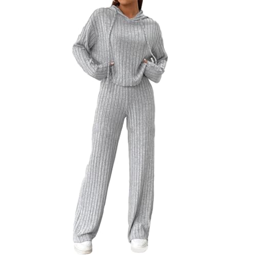 FeMereina 2-teiliges Damen-Sommer-Set, Strick, Loungewear, gerippt, gestrickt, mit Kapuze und weiten Beinen, Trainingsanzug, Freizeit-Outfits, grau, M