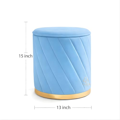 Image of Luxury Round Velvet Ottoman Stool with Gold Base - Modern Upholstered Footrest Pouffe, Tufted Vanity Seat, Living Room Bedroom Dressing Stool (Sky Blue)