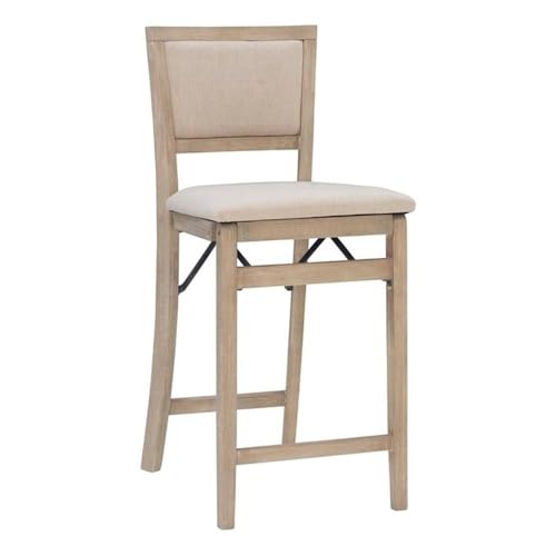 Pemberly Row Folding Counter Stool Fabric Padded Back & Seat in Graywash Wood
