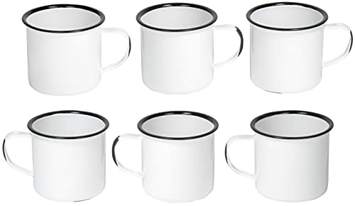Red Co Set of 6 Enamelware Metal Medium Classic 12 Oz Round Coffee and Tea Mug with Handle Distressed WhiteBlack Rim