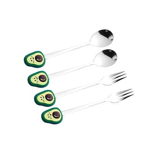 OUNONA 2 Piezas Set de cuchara de horquilla de aguacate postre suministros de barra de helado sundae Stainlews Steel Scoop Force lindos cubiertos cuchara y bifurcarse silicona Verde