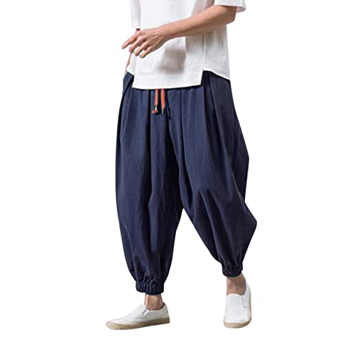 Pantalon large en coton lin uni coupe sarouel fluide pour homme