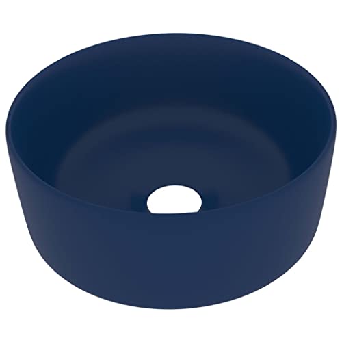 vidaXL Lavabo Rond de Luxe Vasque à Poser de Toilette Lave-mains de Salle de Bain Vestiaire Cuisine Maison Intérieur Bleu Foncé Mat 40x15 cm Céramique