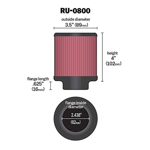 Image of K&N High-Flow Original Lifetime Universal Clamp-On Air Filter:High Performance,Premium,Washable,:Flange Diameter:2.4375 In, Filter Height: 4 In, Flange Length:0.625In,Shape:Round,RU-0800,(Pack of 6)