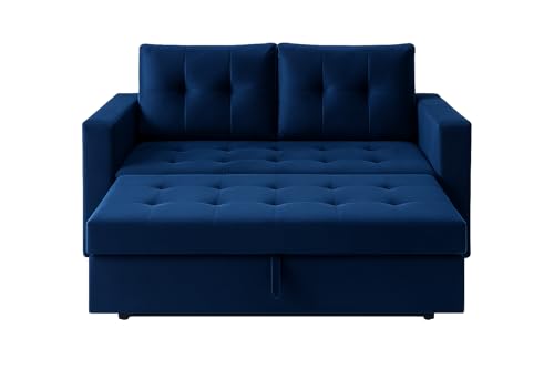 Image of FURNY Tressa 2 Seater Fabric Pull-Out Sofa Cum Bed (Blue) | Premium Velvet Finish | Durable Comfort | Ideal for Living Room