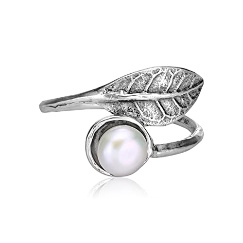 Jean Rachel Jewelry 925 Sterling Silver Ring With A Fresh Water Pearl, Leaf Shaped, Vintage Look, Hypoallergenic, Nickel And Lead-Free, Artisan Handcrafted Designer Collection, Made In Israel #TOP2