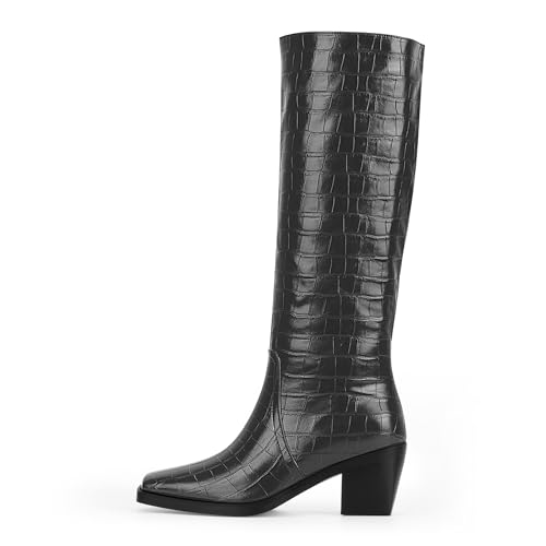 Women's Chunky Heel Square Toe Knee High Boots Slip On Patent Leather Crocodile Boots2