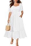 Women Plus Size White Dress Maxi Summer Bridal Shower Graduation Short Sleeve Smocked Pockets Tiered A-Line Long Dress