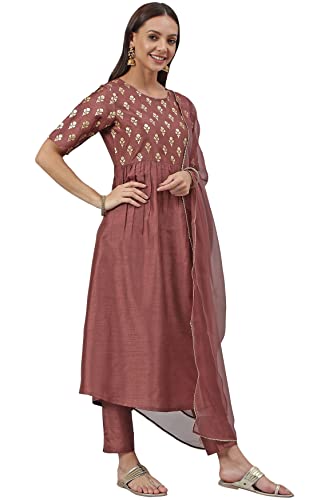 Image of Janasya Women's Brown Poly Silk Foil Print Kurta with Pant and Dupatta