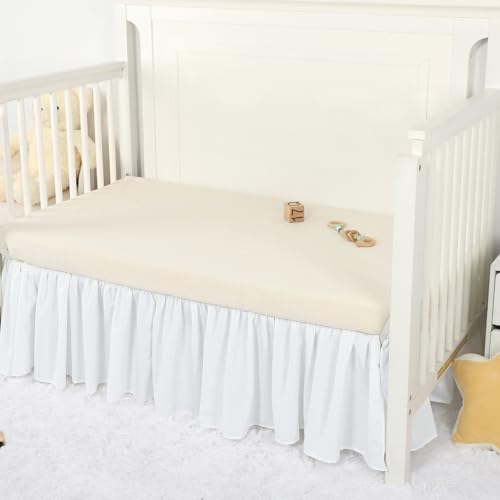 CARUILI Crib Skirt Girl, Boho Toddler Bed Skirts, White Crib Bed Skirt, Microfiber Nursery Crib Bedding Accessory, 14\" Drop