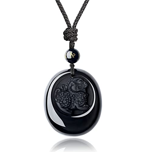 COAI Collier Ajustable Pendentif Totem Chinois Pixiu Amulette Obsidienne Noire Unisexe
