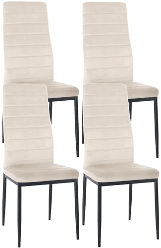 CLP Set De 4 Sillas De Comedor Mayfair En Terciopelo o Polipiel I Butacas con Respaldo Alto & Base Metálica, Color:Crema, Material:Terciopelo