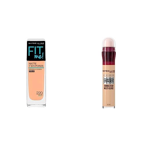 Rostro, Beauty MAYBELLINE Base de Maquillaje Fit Me Matte, 220 Natural Beige + Corrector de Maquillaje Instant Age Rewind, Light, 6 g