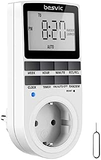 Besvic Cyfrowy programator czasowy, gniazdko elektryczne, 3680 W, timer, z 10 codziennymi, konfigurowalnymi programami, ekranem LCD i losowym trybem antykradzieżowym, do użytku wewnątrz, 1 sztuka