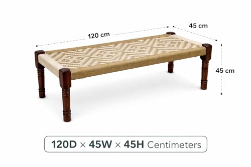 Image of Handwoven Wooden Bench | Traditional Rope Charpai Stool | Solid Wood Frame Seating for Living Room, Balcony & Outdoor | Durable & Stylish Design (White with Jute)