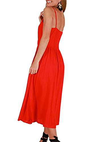 Image of YMING Womens Summer Spaghetti Strap Dresses Button Down Floral Sundress High Waist Swing Midi Dress with Pockets