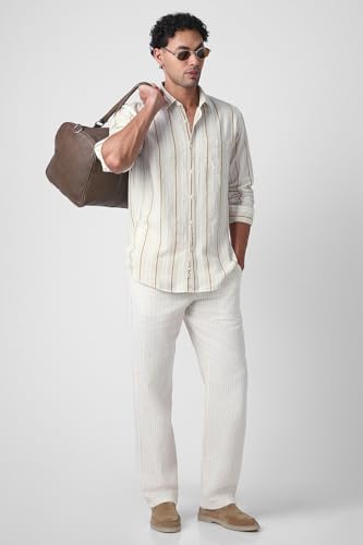 Image of Peter England Men's Linen Blend Shirt | Subtle Stripes | Full Sleeves