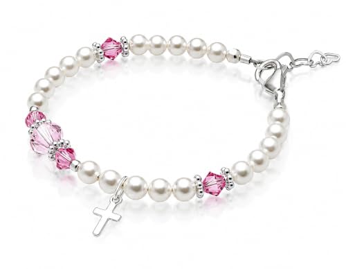 Image of Baptism Bracelets | Cross Charm | Baby Pink Crystal & White Pearl Bracelet