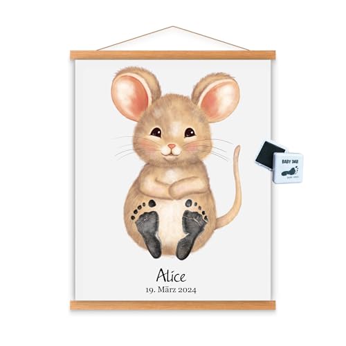 Baby Fußabdruck Poster inkl. Farbe Kinder 0-4 Jahre Fußabdrücke auf Tier Geschenk Geburt Taufe 1. 2. 3. 4. Geburtstag Junge Mädchen (A4 | Baby bis ca. 6 Monate | Fußlänge bis 10 cm, Maus)