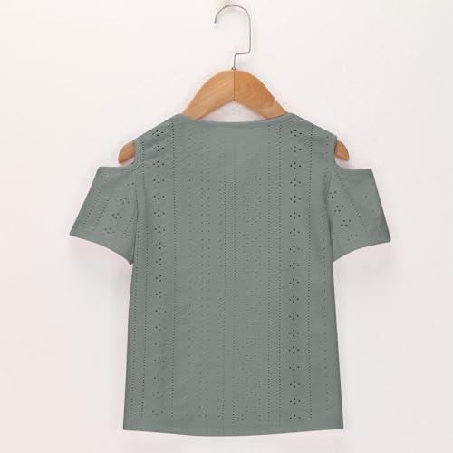 5-14T Baby Girls Shirts Tops 2025 Summer Fashion Hollow Out Cold Shoulder Short Sleeves Loose Comfy T-Shirts4