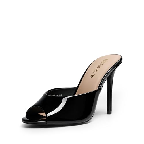 DREAM PAIRS Mule Heels for Women High Heels Stiletto Open Round Peep Toe Mules Sandals Slip on Dress Shoes Sexy Heeled for Party Dressy Prom Wedding 7 Black-pat