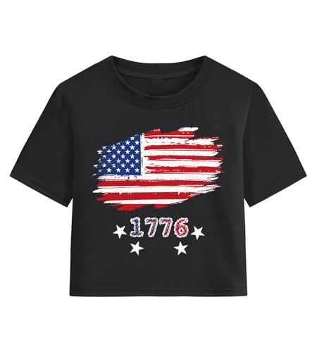 Image of Tkria Girl Crop Tops July 4th Crewneck Tshirt American Flag Patriotic USA Flag Girls Outfit Clothes Size 6-14