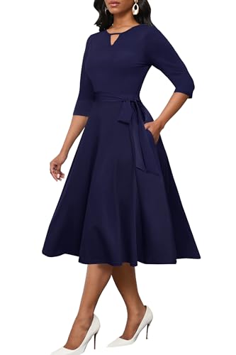 Image of CLOCOR Midi Dresses for Women Casual A-Line Fit and Flare Dress Crewneck 3 /4 Sleeve Keyhole Cocktail Party Church Dress