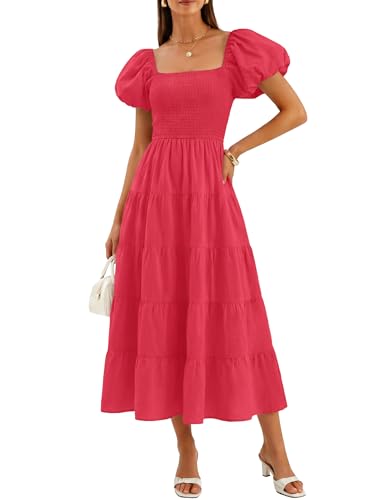 Image of ZESICA Women's 2026 Summer Puff Sleeve Midi Dress 2026 Boho Solid High Waist Flowy Beach Wedding Guest Long Dresses