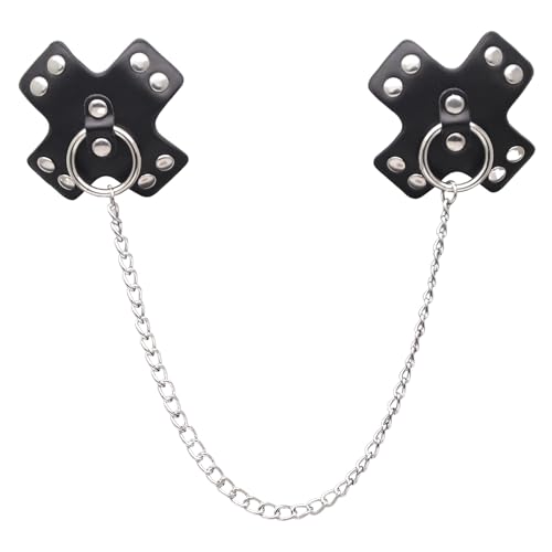 ZJFHTD Black Pasties Leather Nipple Cover with Body Chain Jewelry for Women Men Non Piercing Nipples with Chain Nipple Pasties Sticker Body Chain Necklace