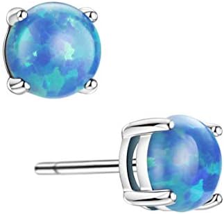 S925 Blue Opal Stud Earrings Round Cut Gemstone Solitaire Prongs Setting Sterling Silver Earrings For Women