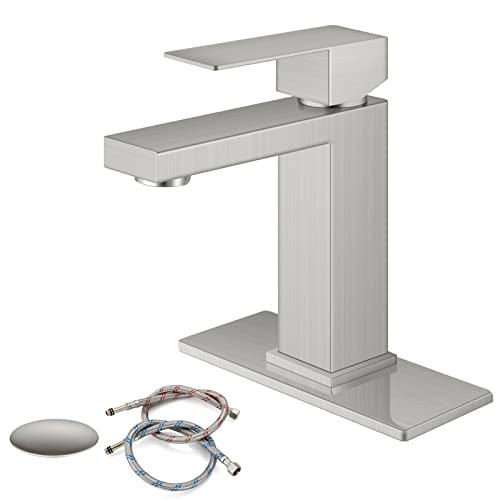 Gotonovo Brushed Nickel Bathroom Sink Faucet Deck Mount Stainless Steel 304 Bowl Basin Single Hole One Handle Spout Mixer Tap With Pop Up Drain cover
