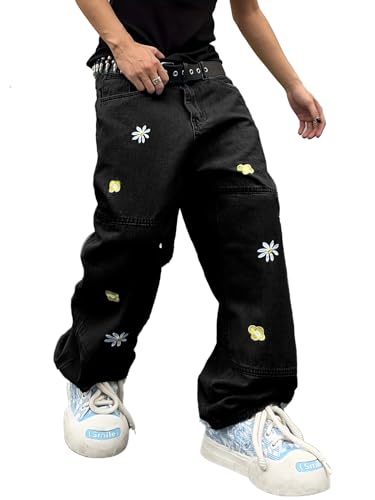 DFGIGT Mens Wide Leg Jeans Patchwork Flower Daisy Embroidery