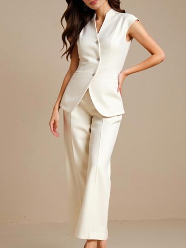Women's 2 Piece Business Casual Outfit Button Up Notch V Neck Blazer Vest and Wide Leg Pants Set4
