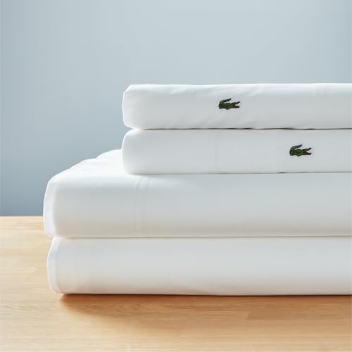 Lacoste 100% Cotton Percale 4-Piece Sheet Set – Lightweight and Ultra-Soft Bedding with Deep Pockets, Wrinkle-Resistant, Hypoallergenic and Durable, Oeko-Tex Certified – White, Queen - Thumbnail 2