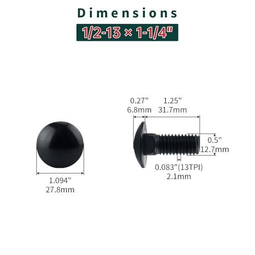 Image of 1 /2-13 x 1-1 /4 inch Black Carriage Bolts with Nuts and Washers Kits (8 Sets), 304 Stainless Steel 18 /8, Black Finish, Round Head, Square Neck, Heavy Duty Bolts, Indoor Outdoor Fastening Bolts, Fayeploo