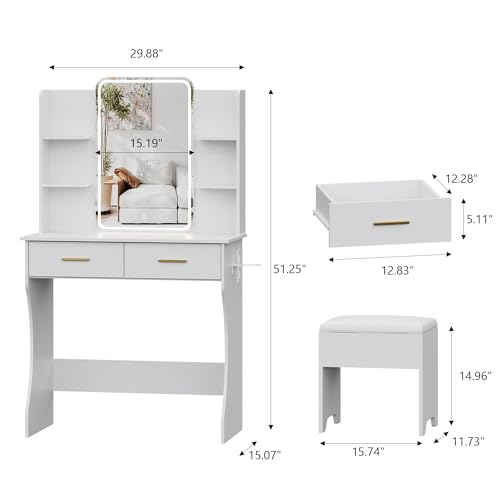 Compact White Vanity Desk with LED Mirror and Lights for Women