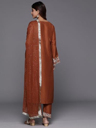 Image of Women's Embroidered Silk Blend Kurta & Trousers With Dupatta | Ethnic Kurta Sets for Women | Straight Kurta Sets & Trousers With Dupatta