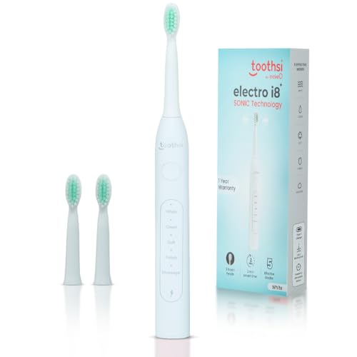Image of Toothsi Electro Sonic Electric Toothbrush | Smart Electric Toothbrush for Men & Women | with 6 Modes & 5 Brush Heads | IPX 7 Waterproof | Rechargeable | Oral Care (White1, i8)