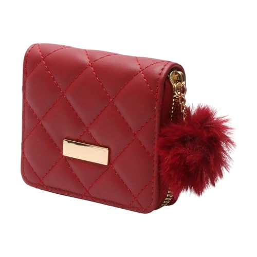 1Pcs Simple Wallet Short Diamond Quilted Tassel Wallet PU Leather Red 11x9.5cm2