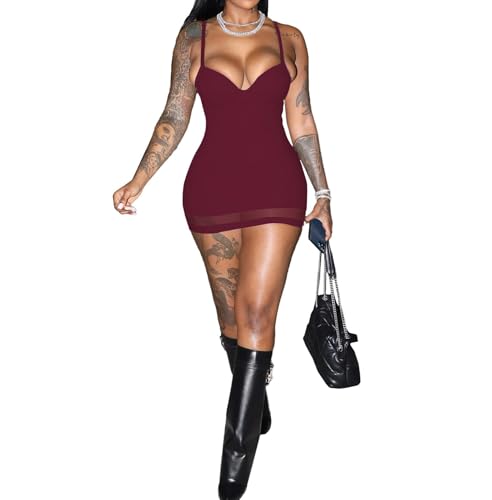 Image of Sexy Bodycon Mini Dress for Women Sweetheart Neck Spaghetti Strap Mesh Hem Party Club Night Out Short Dresses