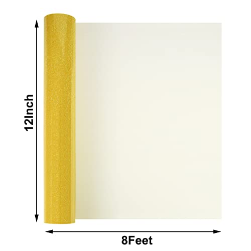 FUNKAKA Glitter Fluorescent Gold HTV Heat Transfer Vinyl Rolls, 12\" x 8ft PU Iron on Vinyl for T-Shirts Glitter HTV Vinyl for All Cutter Machines Easy to Cut & Weed for DIY Design