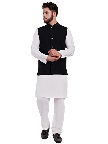 SKAVIJ Mens Classic Nehru Jacket Plain Handmade Cotton Solid Design Hip length Kurta Pajama With Waistcoat