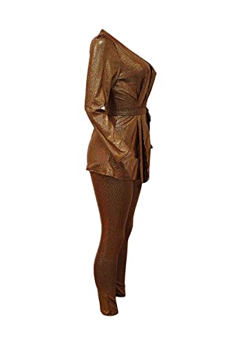 Lucuna Womens Sexy Sequins 2 Piece Outfits Long Sleeve Blazer Top & Long Pants Sparkle Clubwear Sets With Belt #TOP3