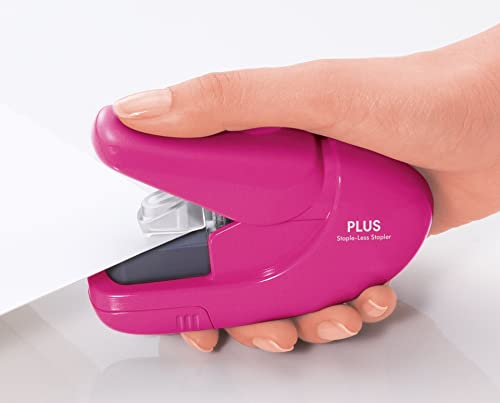 PLUS, Staple Free Stapler, Paper Clinch, 5 sheet stapling capacity, Japanese stapling technology, pink