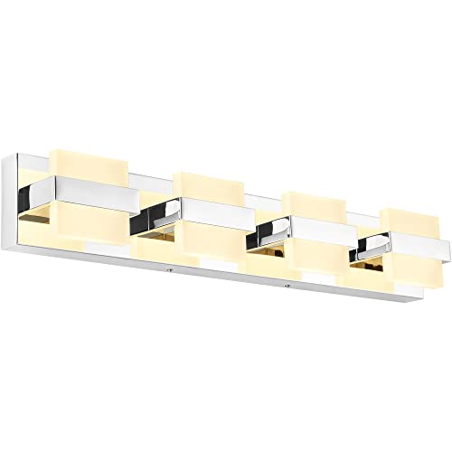 Image of SOLFART 4 Lights Chrome Bathroom Lights Modern LED Vanity Lights Fixtures Over Mirror Bathroom Light Fixtures 27 inch Warm Light Non Dimmable